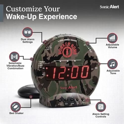 Sonic Alert Sonic Bomb Dual Alarm Clock with Bed Shaker Camouflage | Heavy Sleepers Wake with a Shake thumbnail 6