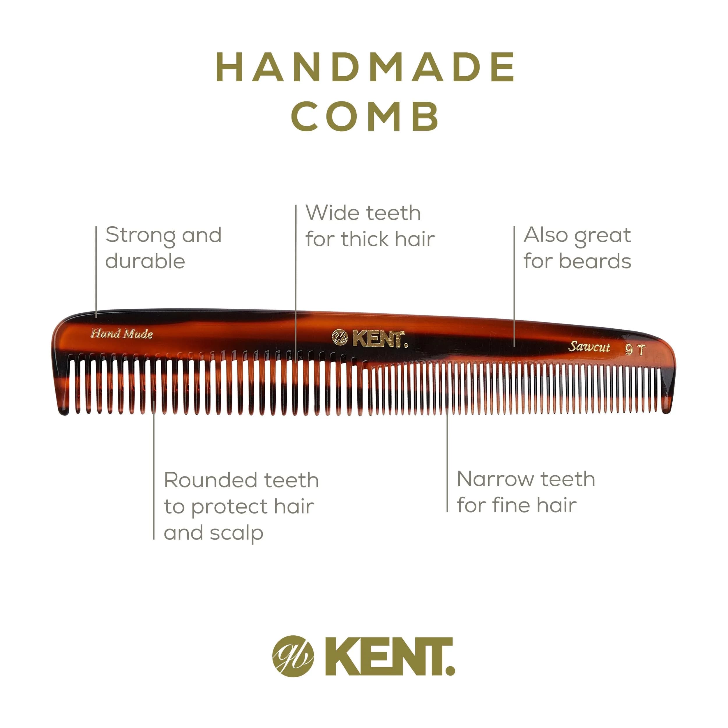 Kent 9T Tortoise Fine and Wide Tooth Comb 3 Pack | Handmade Cellulose Acetate Detangler for Wet and Dry Hair - view 4