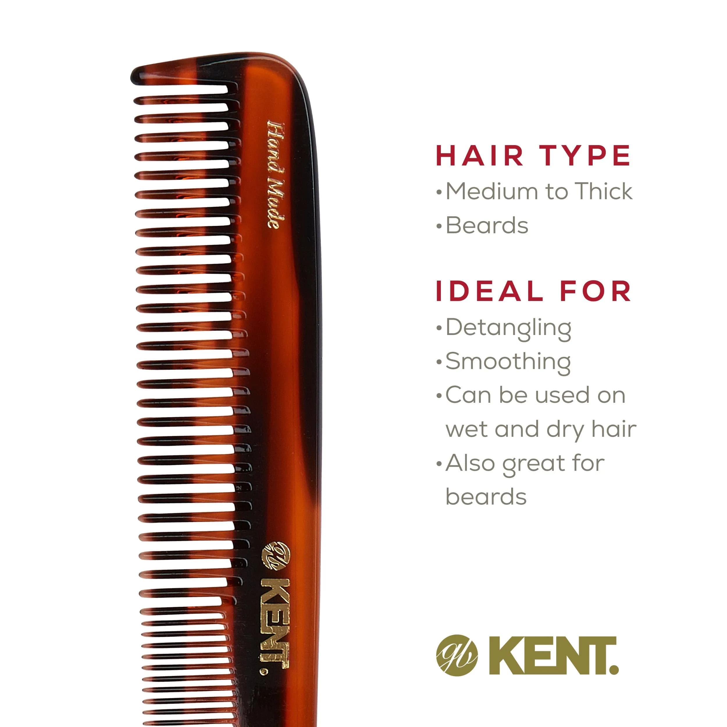 Kent 9T Tortoiseshell Fine and Wide Tooth Comb - Large Handmade Saw-Cut Detangler 7.5 inch (19 cm) | Gentle on Hair & Scalp - view 6