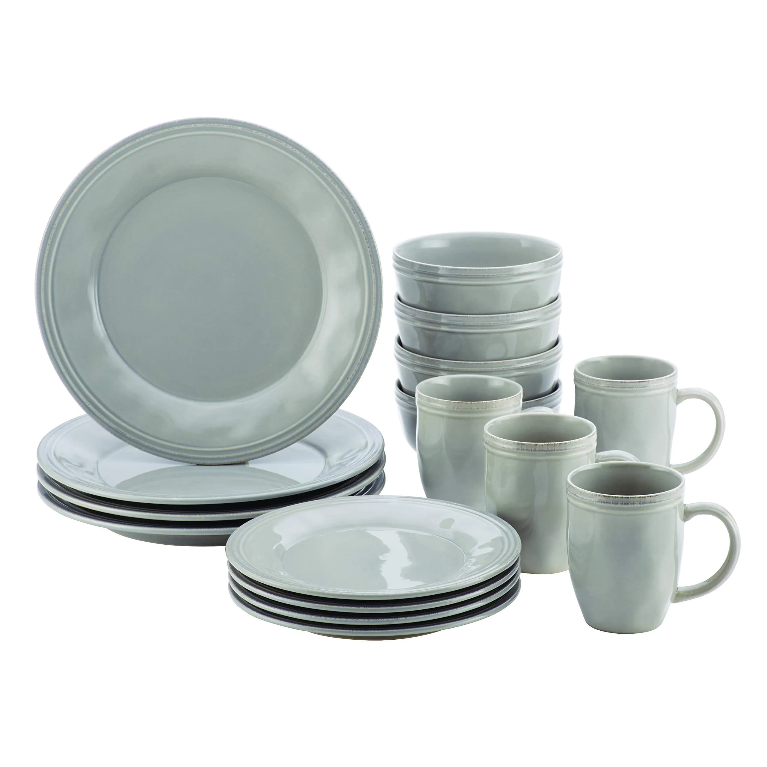 Rachael Ray Cucina Dinnerware 16-Piece Stoneware Dinnerware Set, Sea-Salt Grey | Rustic, Durable & Microwave Safe