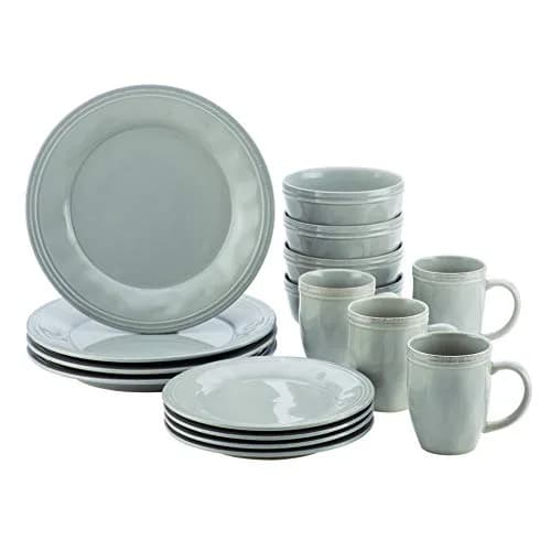 Rachael Ray Cucina Dinnerware 16-Piece Stoneware Dinnerware Set, Sea-Salt Grey | Rustic, Durable & Microwave Safe thumbnail 1