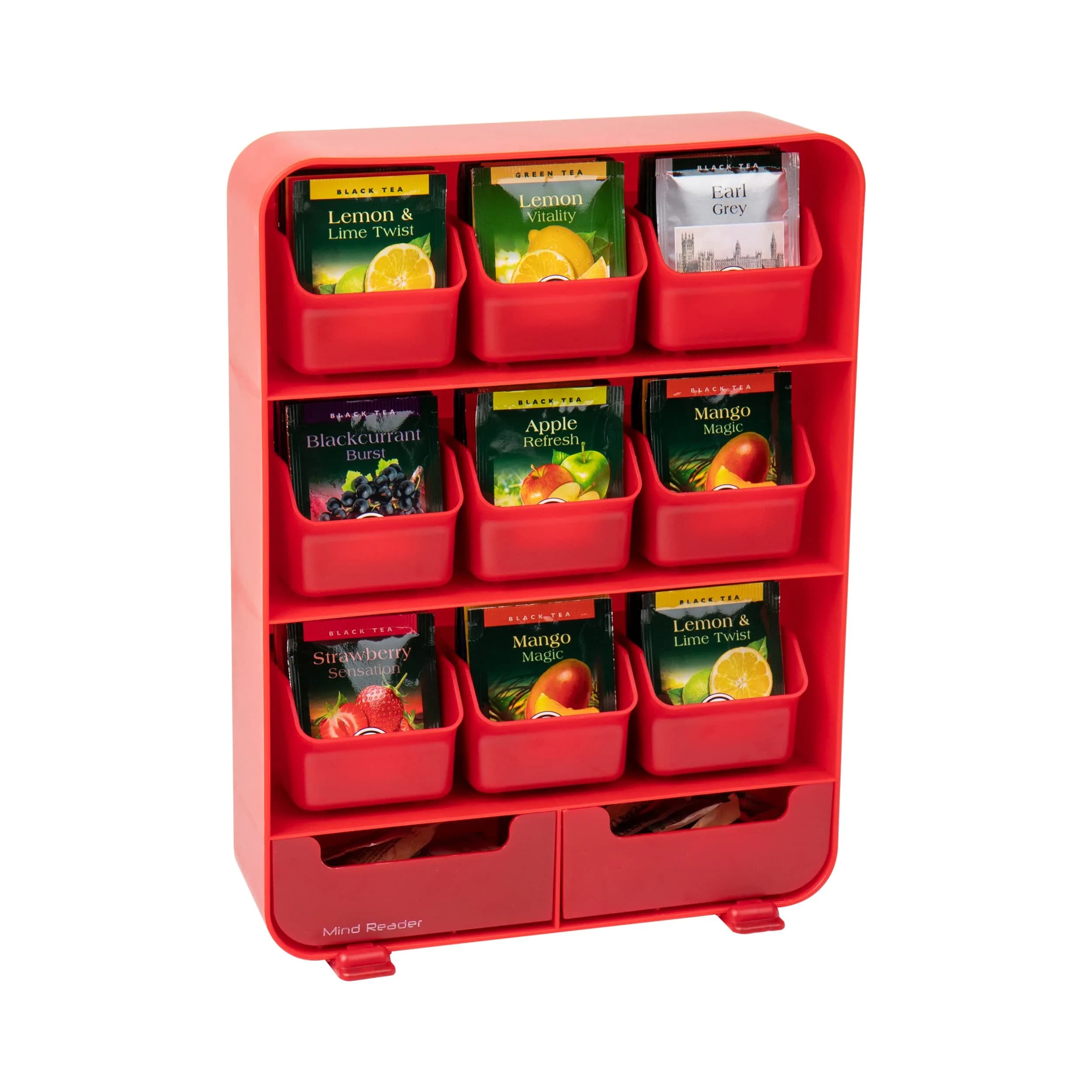 Mind Reader 11-Drawer Tea Bag Organizer Station 26cm (10.25"L) | Red Plastic Countertop Storage for Kitchen & Office
