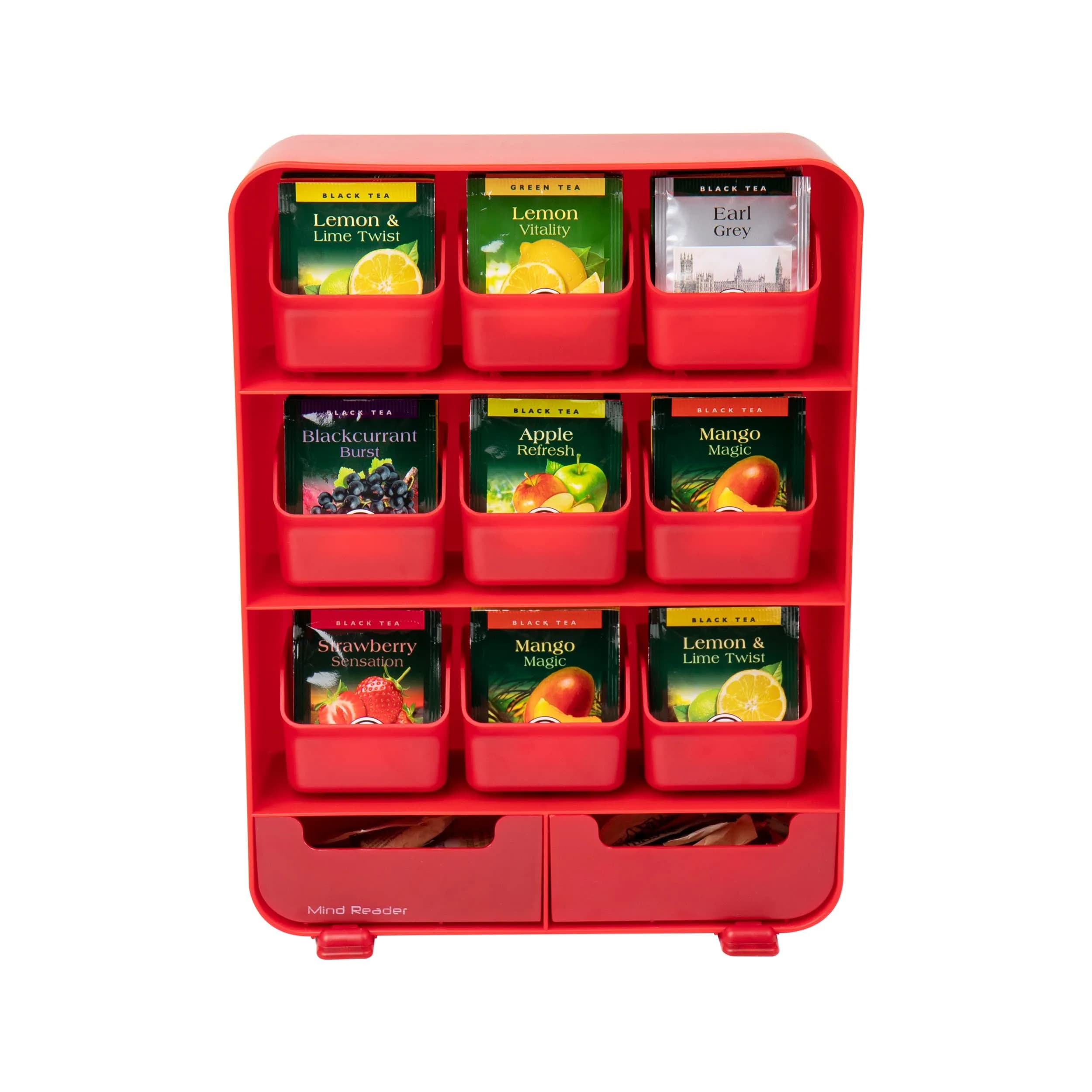 Mind Reader 11-Drawer Tea Bag Organizer Station 26cm (10.25"L) | Red Plastic Countertop Storage for Kitchen & Office - view 5