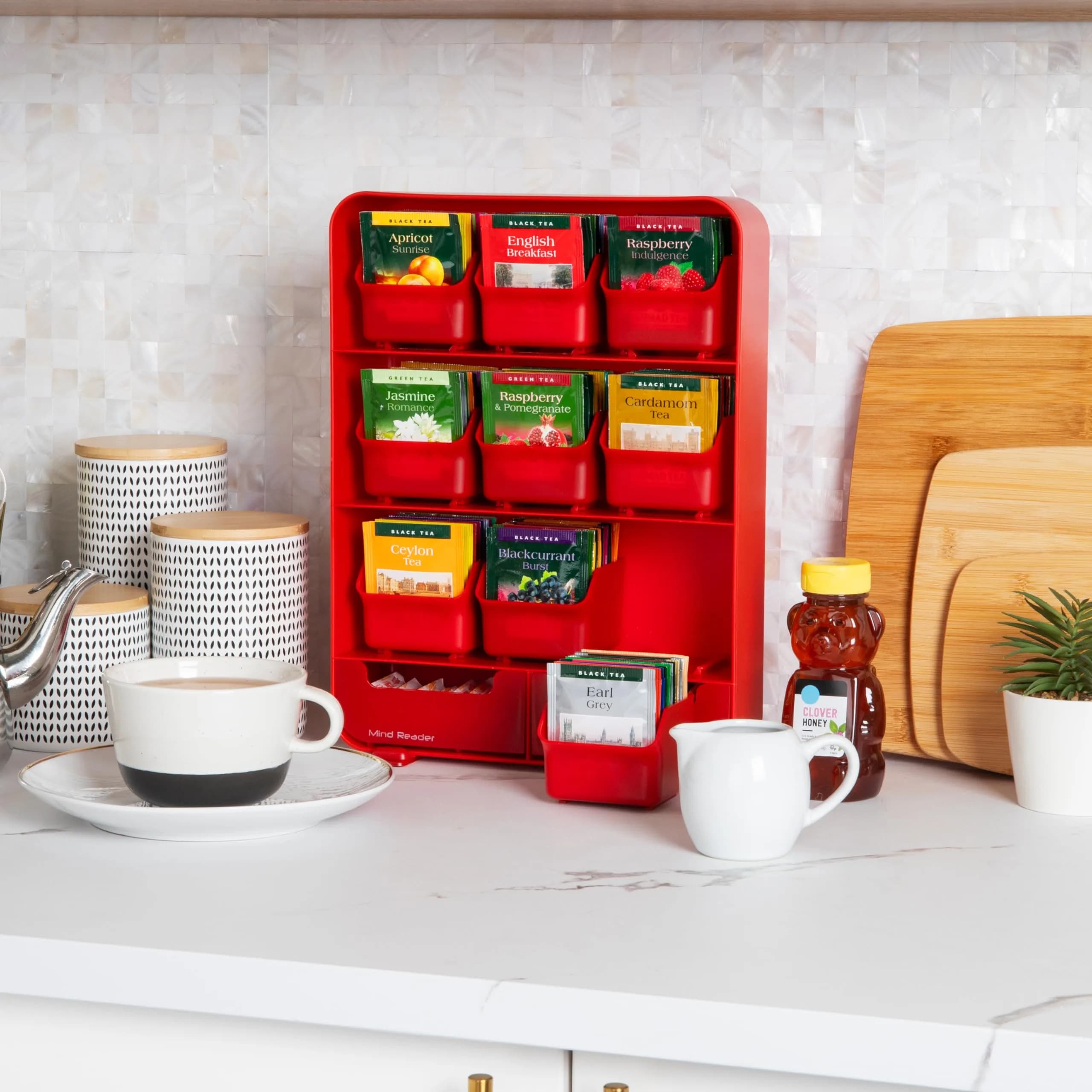 Mind Reader 11-Drawer Tea Bag Organizer Station 26cm (10.25"L) | Red Plastic Countertop Storage for Kitchen & Office - view 2