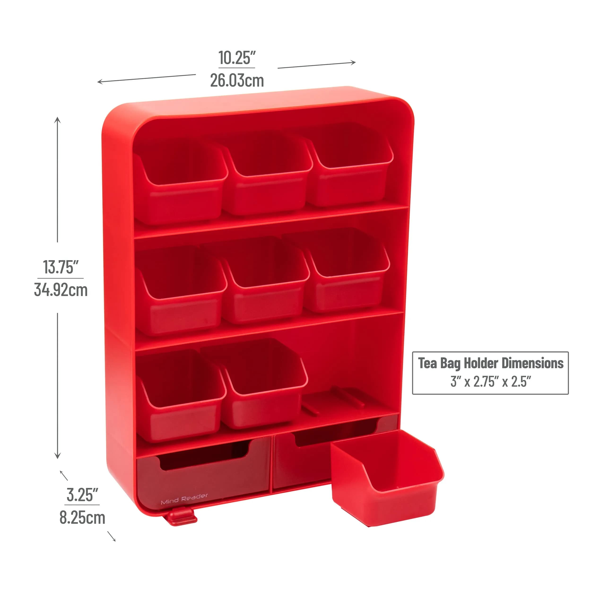 Mind Reader 11-Drawer Tea Bag Organizer Station 26cm (10.25"L) | Red Plastic Countertop Storage for Kitchen & Office - view 3