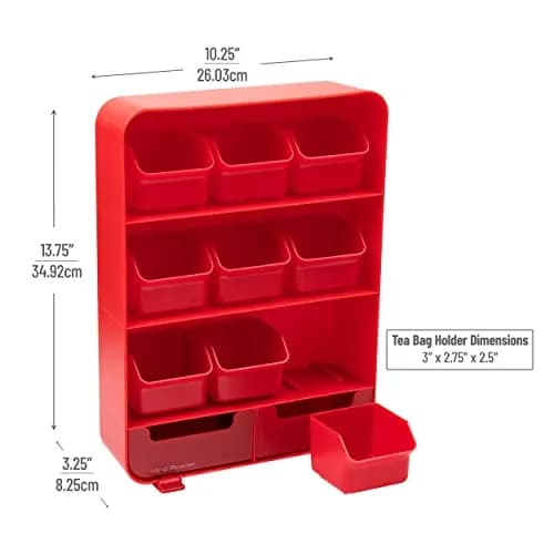 Mind Reader 11-Drawer Tea Bag Organizer Station 26cm (10.25"L) | Red Plastic Countertop Storage for Kitchen & Office thumbnail 3