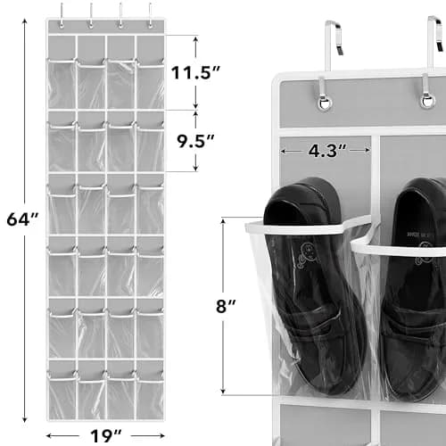 Simple Houseware 24 Pockets Clear Over the Door Shoe Organizer, Gray | 19" W x 64" H, 24 Clear Pockets, Holds 40 lbs thumbnail 2