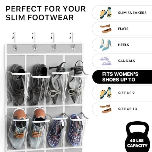 Simple Houseware 24 Pockets Clear Over the Door Shoe Organizer, Gray | 19" W x 64" H, 24 Clear Pockets, Holds 40 lbs thumbnail 4