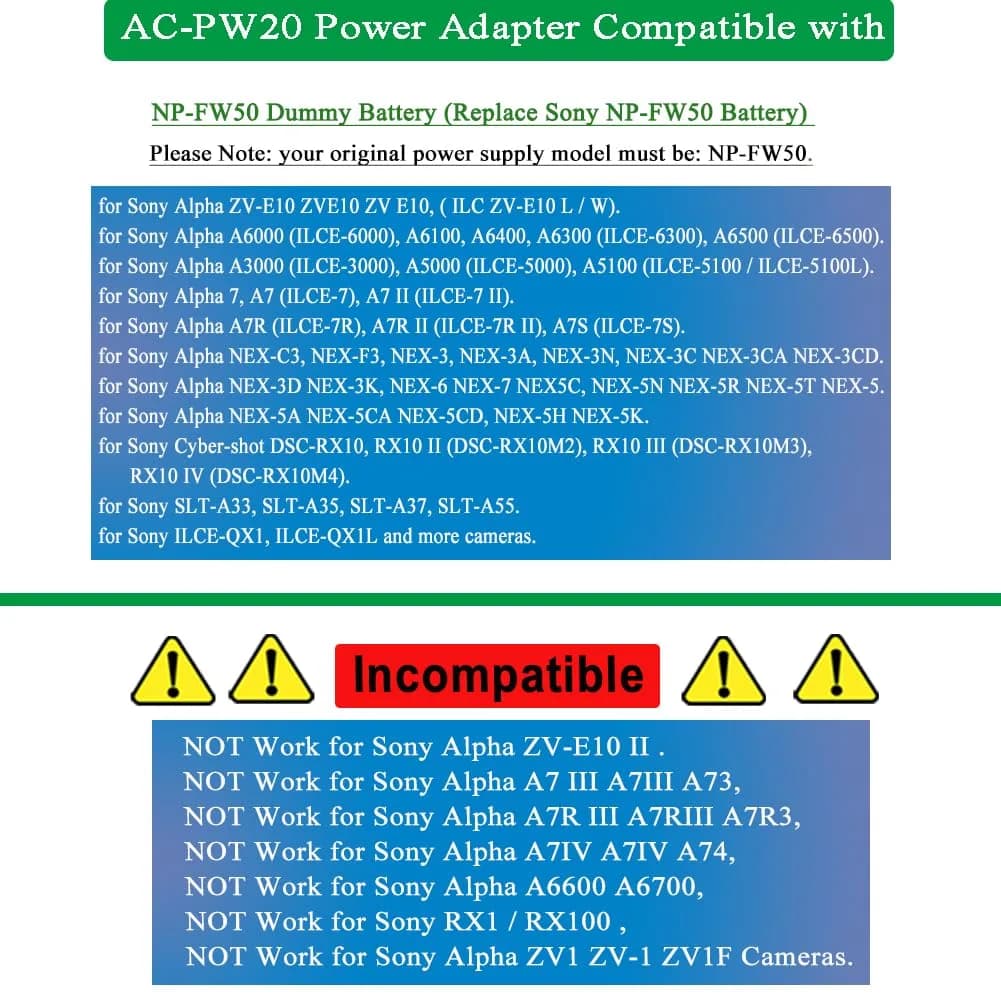 Gonin NP-FW50 Dummy Battery & AC-PW20 Adapter Kit for Sony ZV-E10 Cameras | Continuous Power Supply - view 2