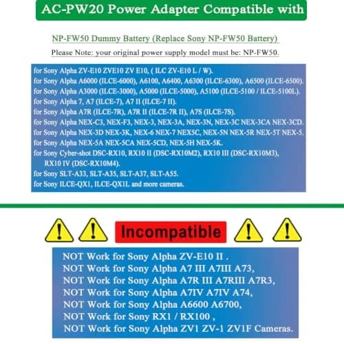 Gonin NP-FW50 Dummy Battery & AC-PW20 Adapter Kit for Sony ZV-E10 Cameras | Continuous Power Supply thumbnail 2