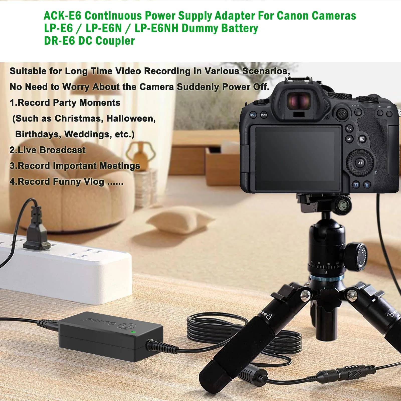 Gonine ACK-E6 AC Power Adapter with LP-E6 Dummy Battery for Canon Cameras | Continuous Power for Studio & Live Streaming - view 2