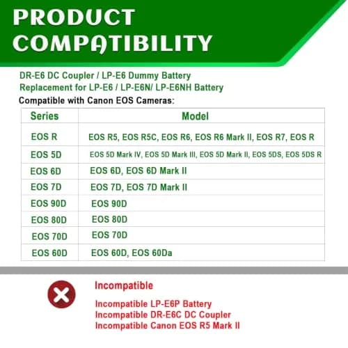 Gonine ACK-E6 AC Power Adapter with LP-E6 Dummy Battery for Canon Cameras | Continuous Power for Studio & Live Streaming thumbnail 3