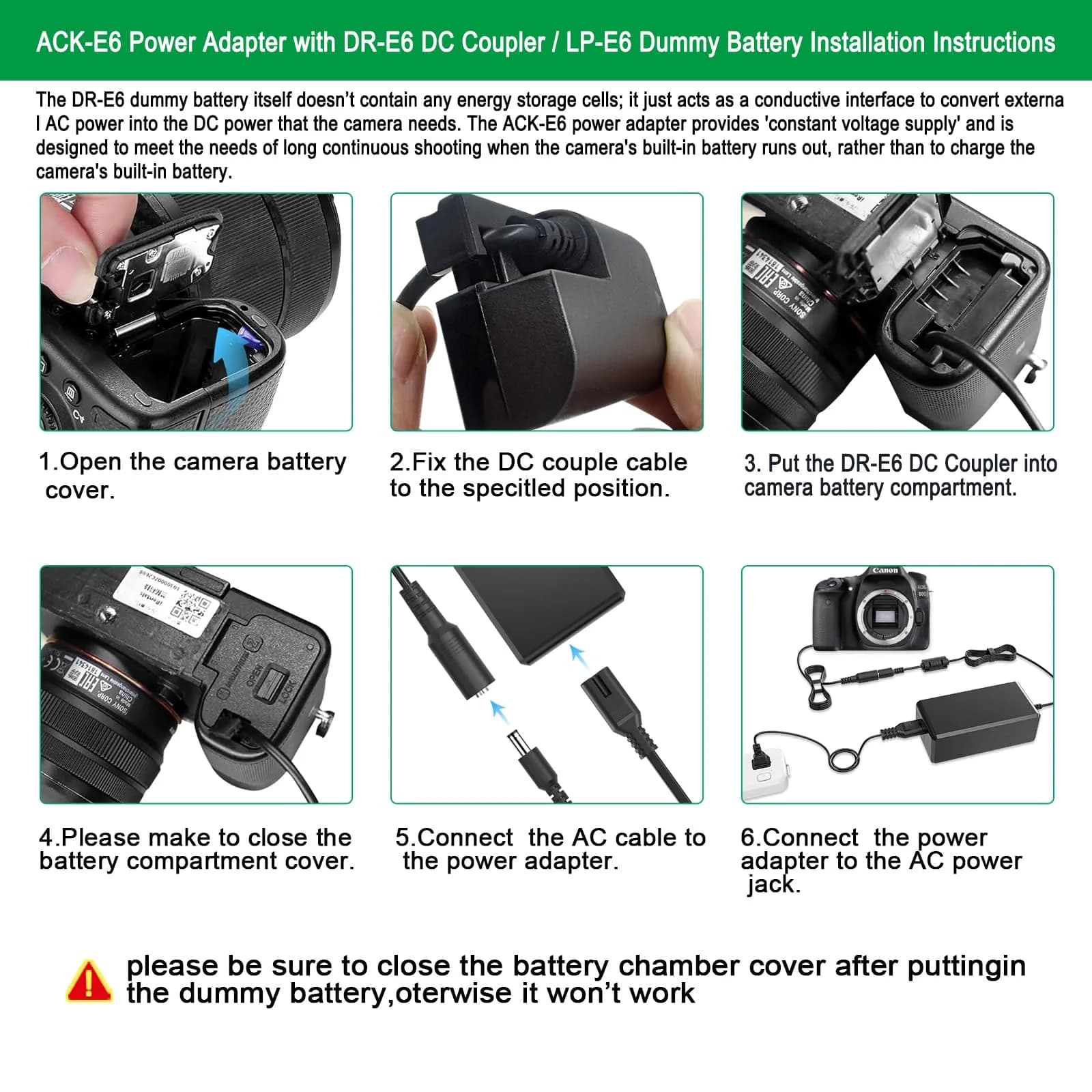 Gonine ACK-E6 AC Power Adapter with LP-E6 Dummy Battery for Canon Cameras | Continuous Power for Studio & Live Streaming - view 4