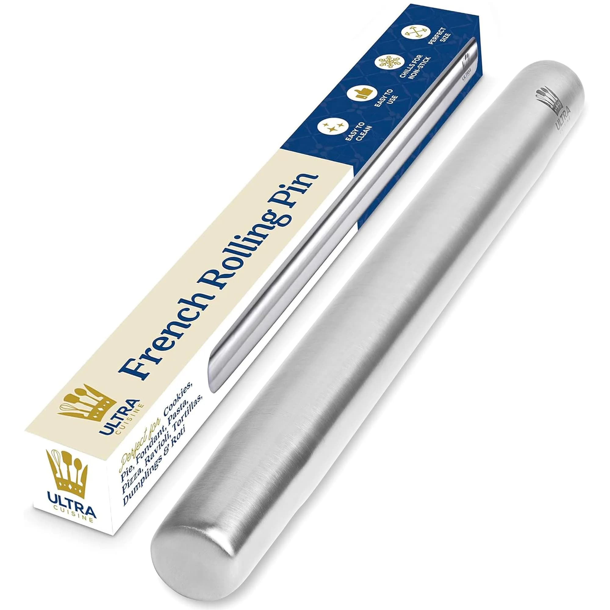 Ultra Cuisine French Rolling Pin for Baking –15.75-inch Large Roller Pin | Tapered Stainless Steel Control