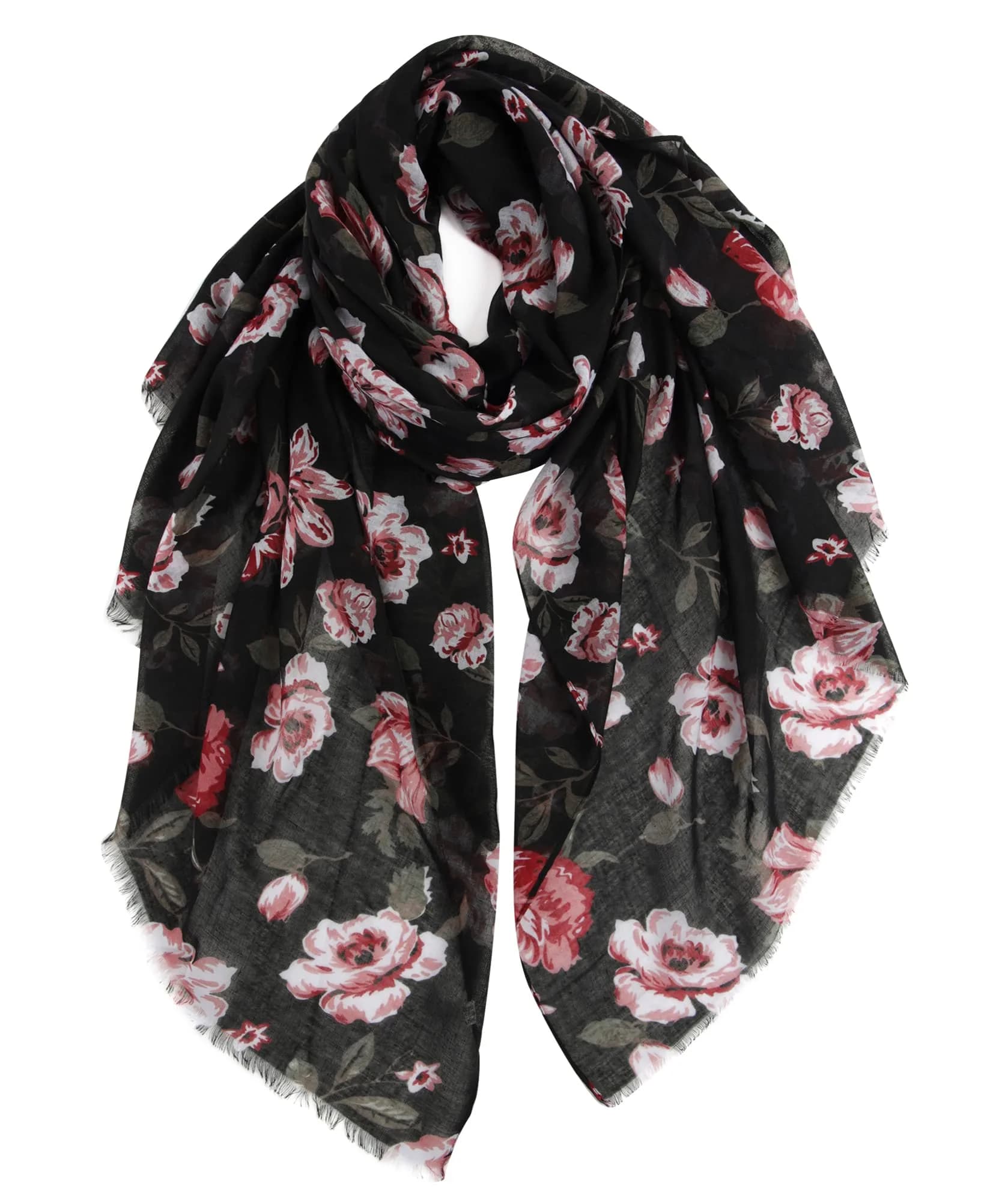 GERINLY Floral Rose Scarf Pink and Black | Lightweight Feminine Floral Shawl (180CMx90CM)