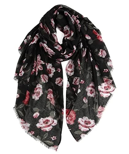 GERINLY Floral Rose Scarf Pink and Black | Lightweight Feminine Floral Shawl (180CMx90CM) thumbnail 1