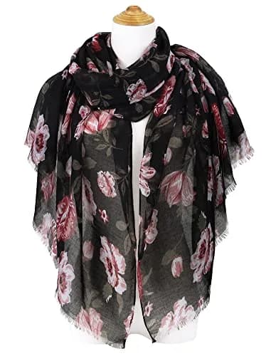 GERINLY Floral Rose Scarf Pink and Black | Lightweight Feminine Floral Shawl (180CMx90CM) thumbnail 2