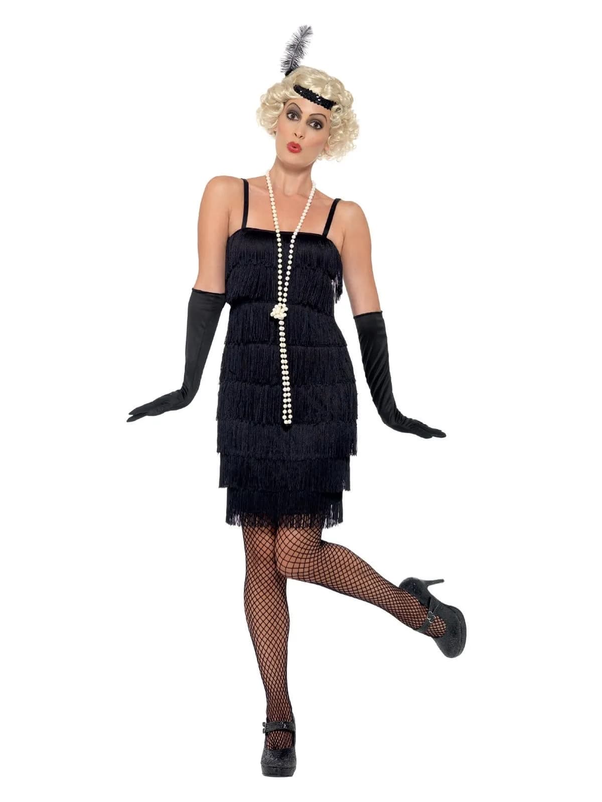 Smiffys Flapper Costume, Black with Short Dress, Headband & Gloves | 1920s Razzle Fancy Dress for Adults