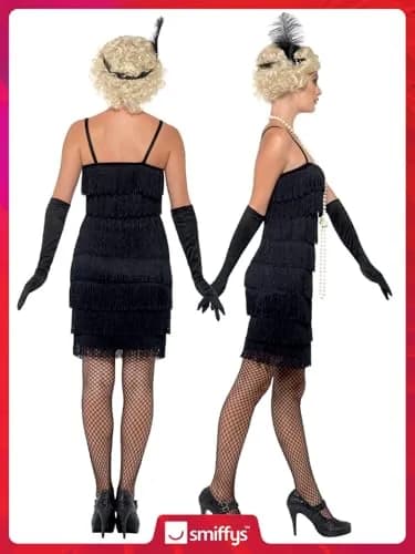 Smiffys Flapper Costume, Black with Short Dress, Headband & Gloves | 1920s Razzle Fancy Dress for Adults thumbnail 4
