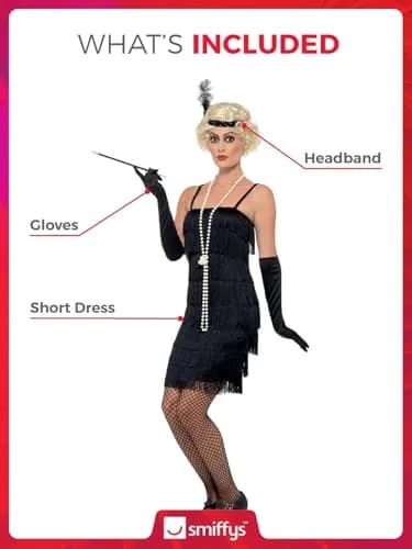 Smiffys Flapper Costume, Black with Short Dress, Headband & Gloves | 1920s Razzle Fancy Dress for Adults thumbnail 2