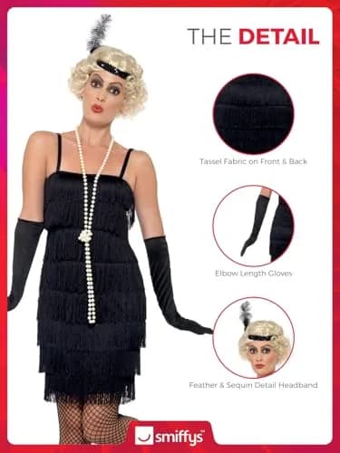 Smiffys Flapper Costume, Black with Short Dress, Headband & Gloves | 1920s Razzle Fancy Dress for Adults thumbnail 3