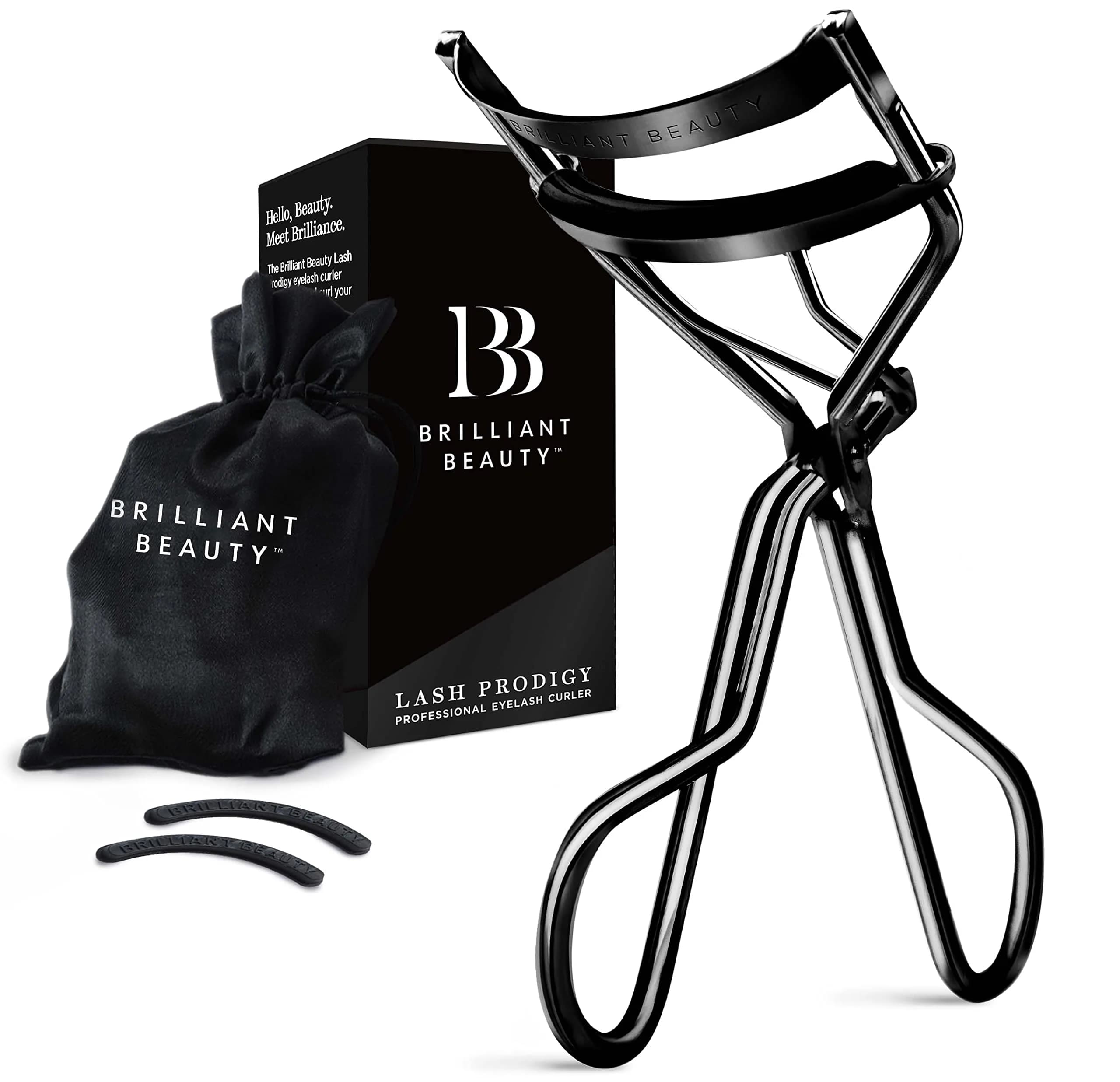 Brilliant Beauty Eyelash Curler - Stainless Steel, Satin Bag, 2 Refill Pads | Gentle, Durable & Travel-Friendly — Jet Black