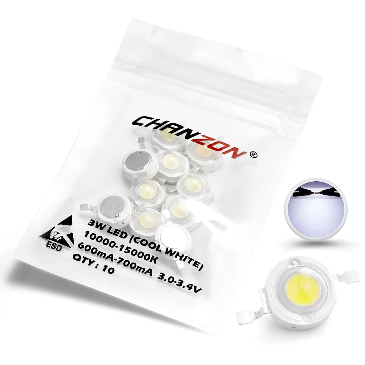 CHANZON 10 pcs High Power LED Chip 3W Warm White 3000K - 3500K | 260-280LM, 120-140° Angle, Copper Frame — D) Cool-white (10000k)