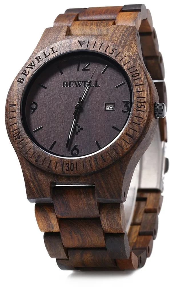 BEWELL ZS-W086B Men's Ebony Wood Analog Quartz Watch with Date Display | 4.2cm - main product image