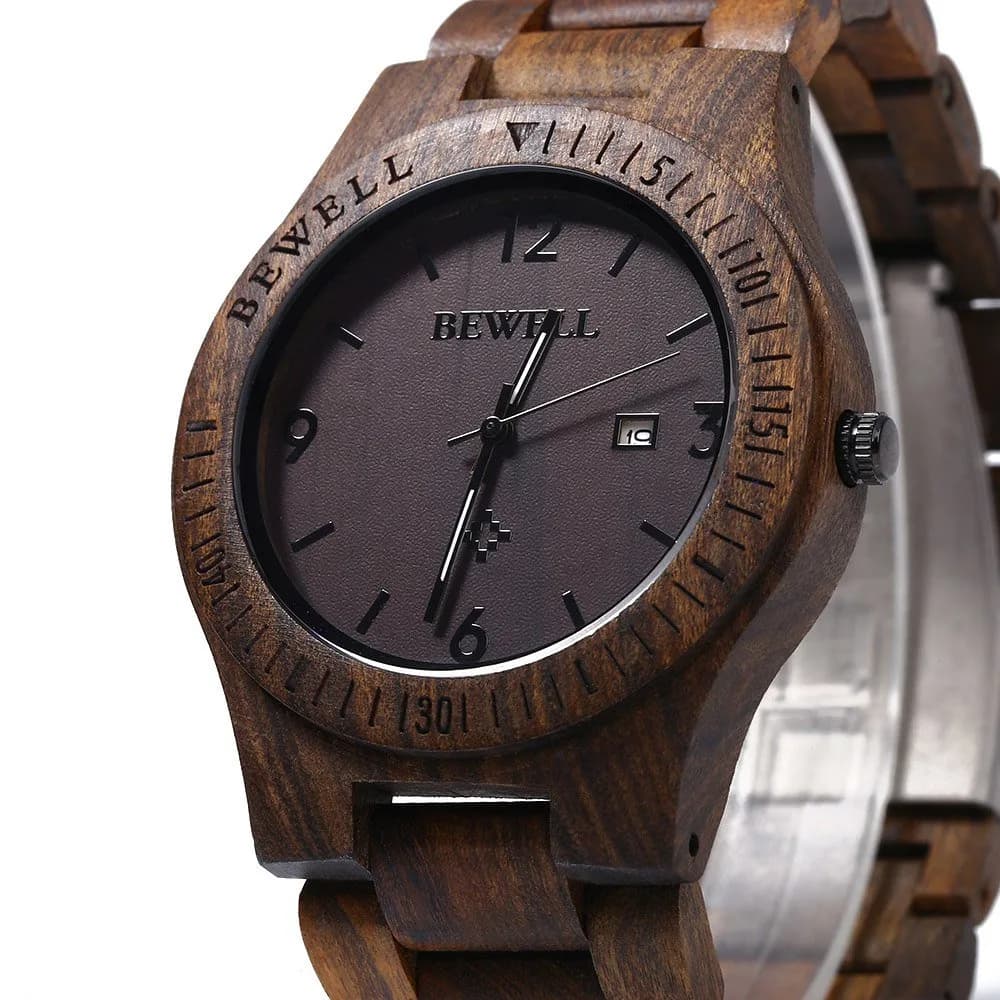 BEWELL ZS-W086B Men's Ebony Wood Analog Quartz Watch with Date Display | 4.2cm - view 2