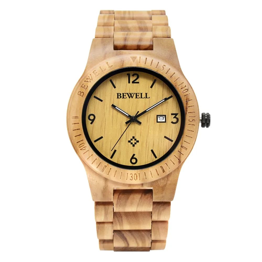 BEWELL ZS-W086B Men's Olive Wood Analog Quartz Watch | 4.2cm with Date Display - view 2