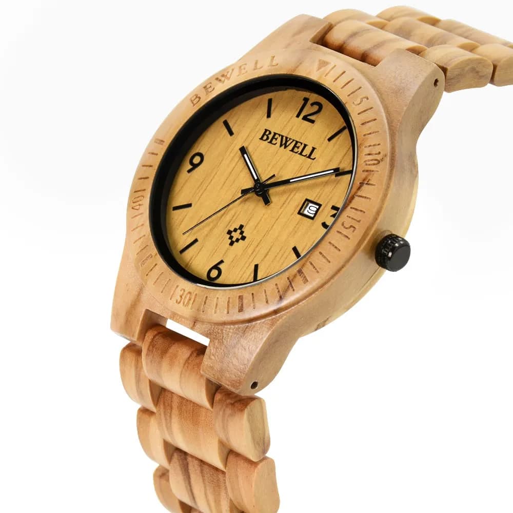 BEWELL ZS-W086B Men's Olive Wood Analog Quartz Watch | 4.2cm with Date Display - view 3