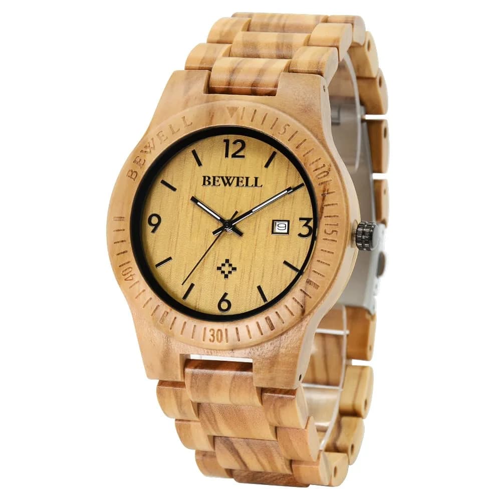 BEWELL ZS-W086B Men's Wooden Watch | 4.2cm Analog Quartz with Date Display — Olive Wood