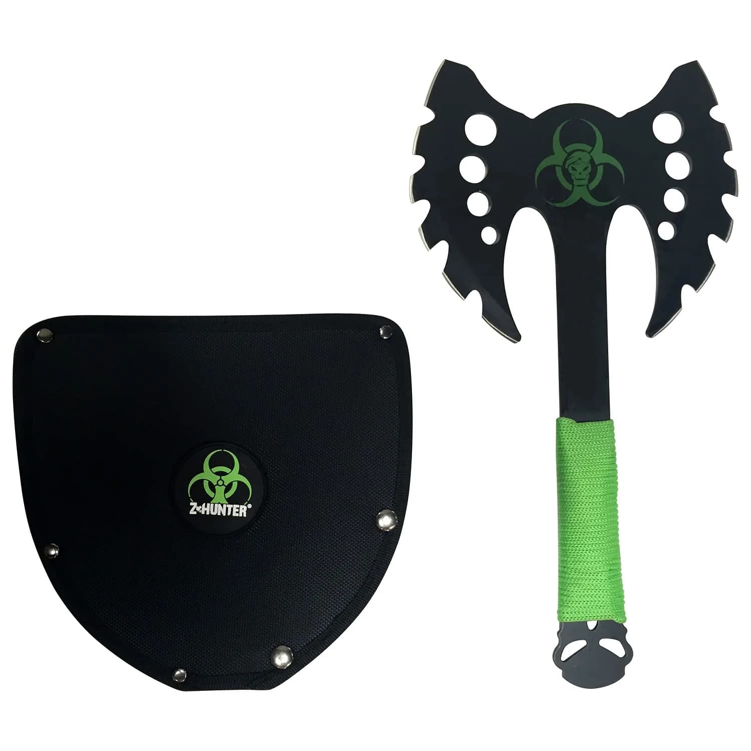 Z-Hunter Fantasy Axe - Black Stainless Steel Double Headed Axe with Bio Hazard Graphic, Full Tang, 13.5-inch, Well Balanced