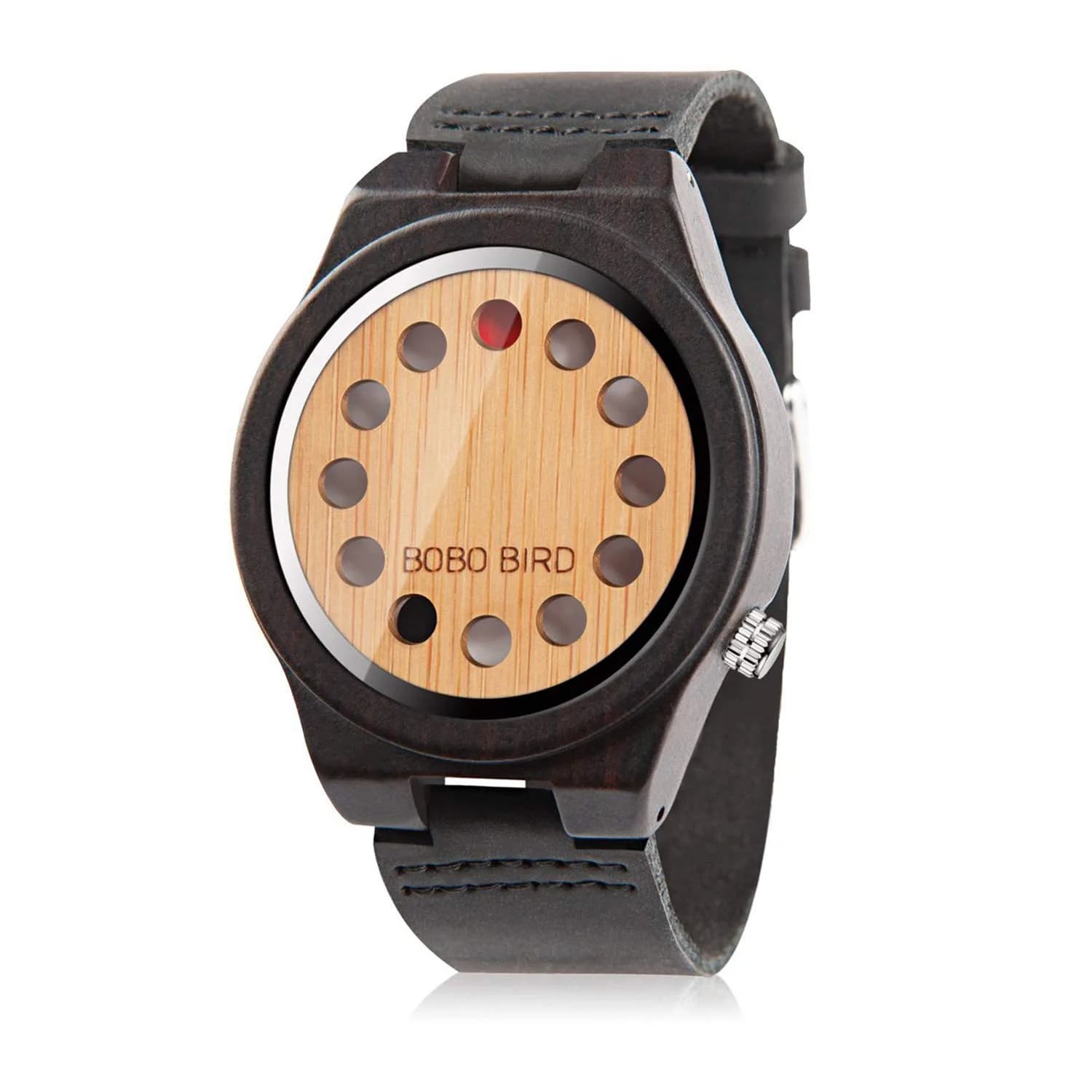 BOBO BIRD Men's Bamboo Wood Watch 45mm Analog Quartz with Genuine Leather Strap | Unique Design for Men — Black Band