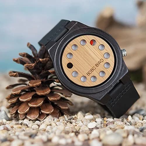 BOBO BIRD Men's Bamboo Wooden Watch with Black Leather Strap & Quartz Movement | 4.3 cm (1.77") Case thumbnail 6