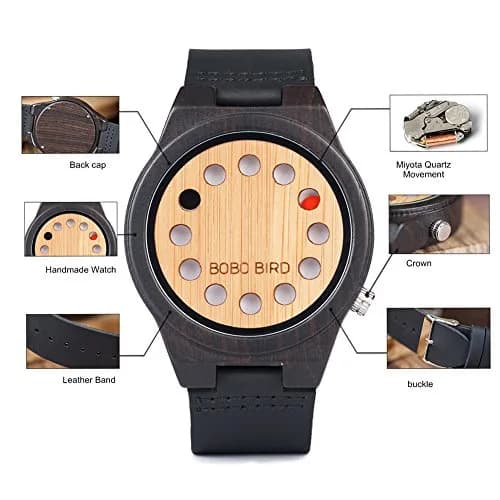 BOBO BIRD Men's Bamboo Wooden Watch with Black Leather Strap & Quartz Movement | 4.3 cm (1.77") Case thumbnail 3