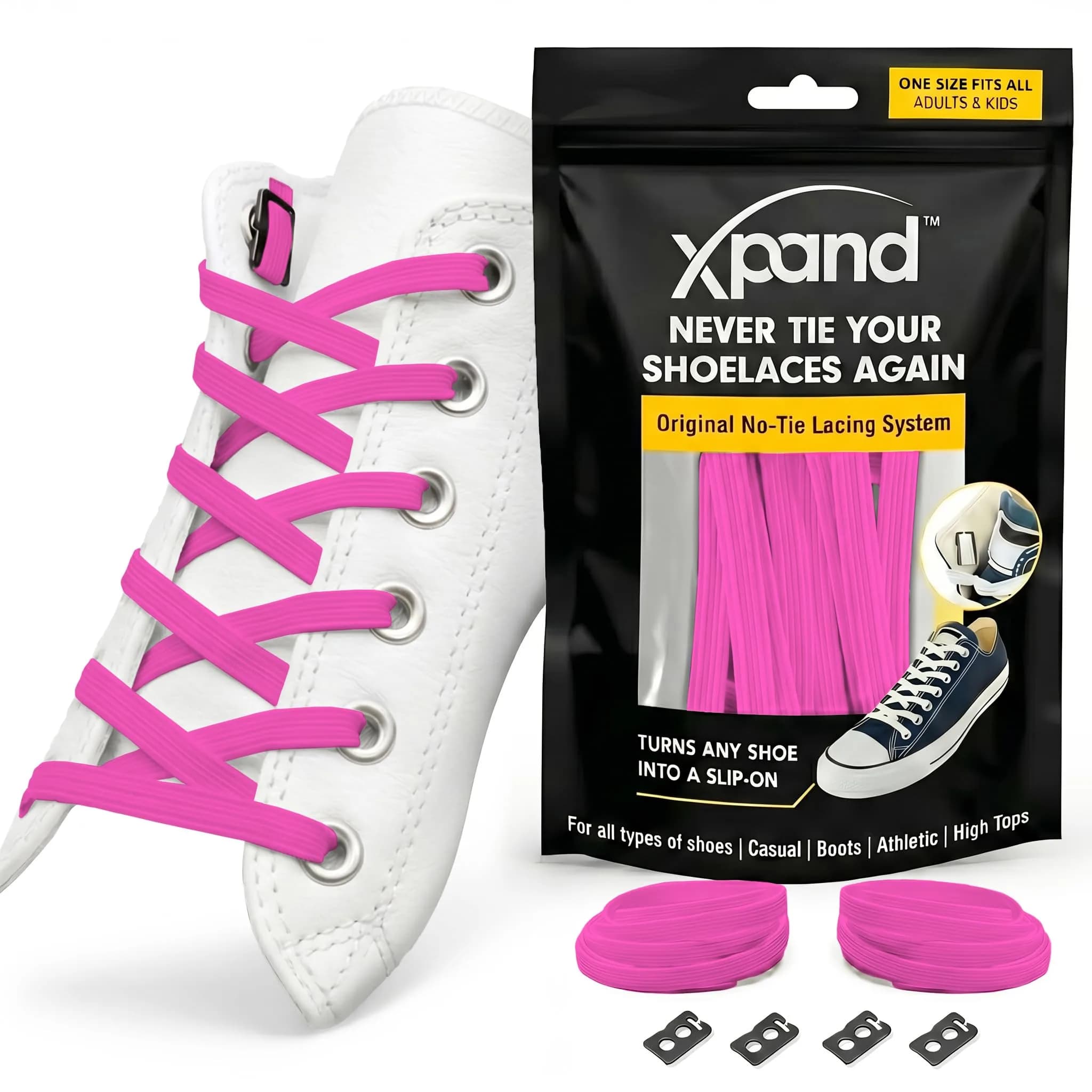 Xpand Neon Pink No Tie Elastic Shoe Laces | 132cm (52") Stretch Laces with Lace Anchors & End Clips — Neon Pink
