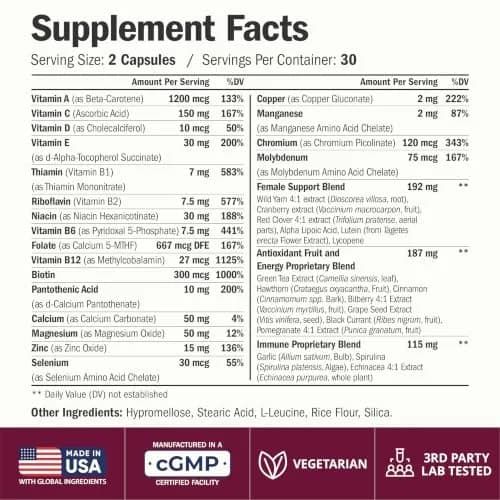 Vimerson Health Women's Multivitamin 60 Capsules | Methylated B Vitamins, Chelated Minerals, Bioavailable D3 for Focus & Energy thumbnail 3