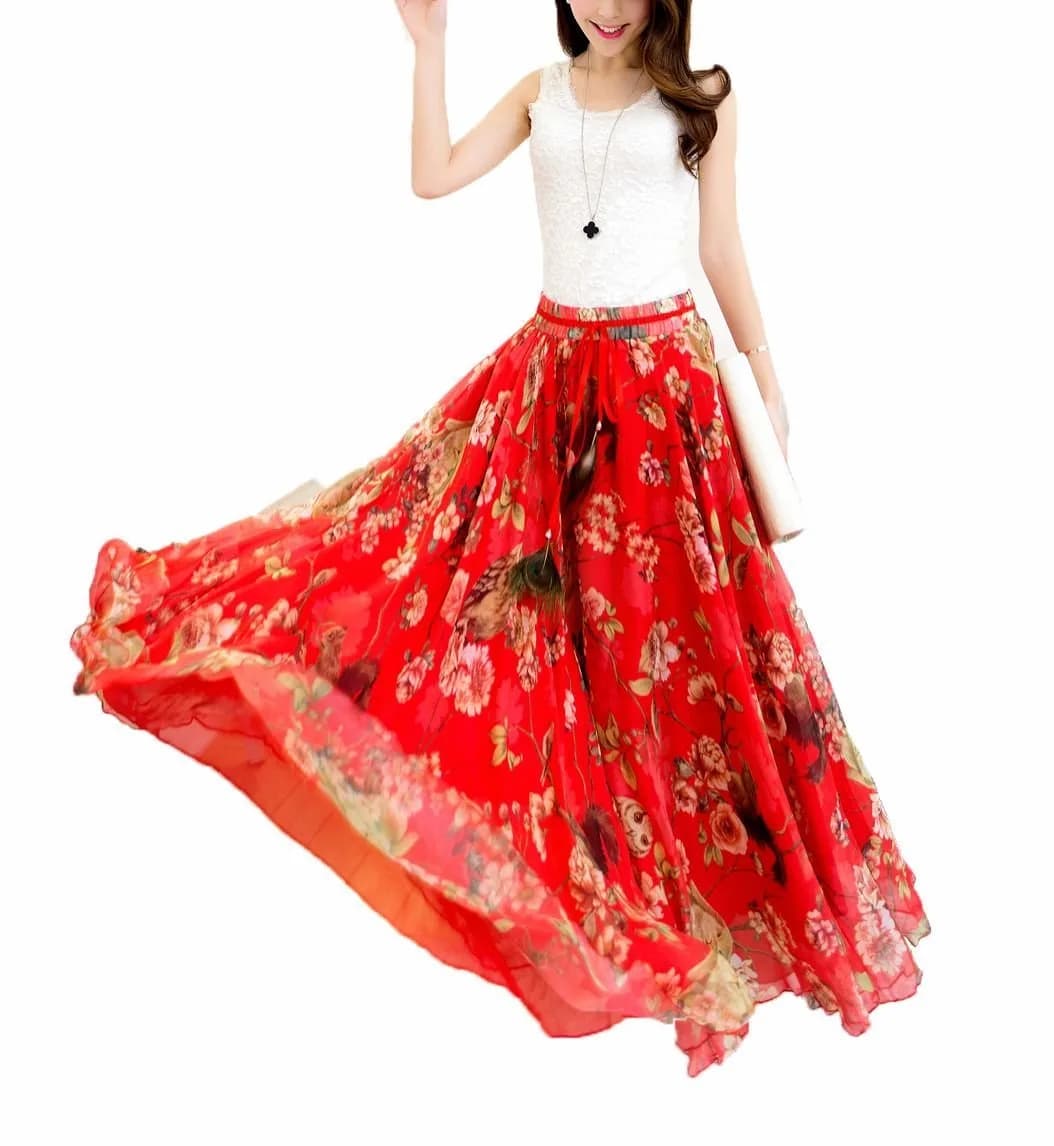 Afibi Retro Long Maxi Chiffon Skirt Large Pattern 12 | Elegant Vintage Dress for Women - main product image