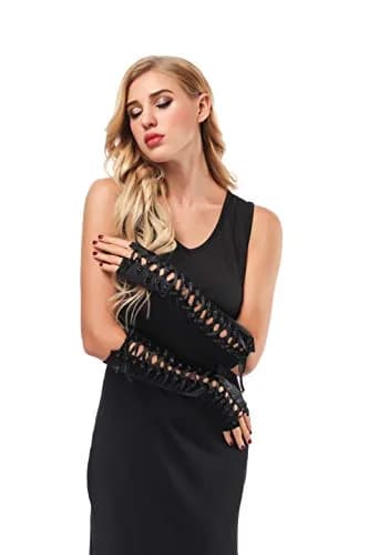 JISEN Womens Full Length Fingerless Lace Up Arm Warmer Satin Gloves Black | Chic & Edgy Punkie Goth Style thumbnail 5