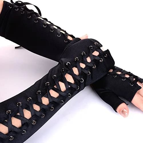 JISEN Womens Full Length Fingerless Lace Up Arm Warmer Satin Gloves Black | Chic & Edgy Punkie Goth Style thumbnail 2
