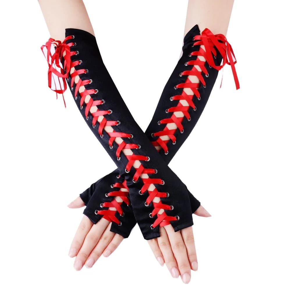 JISEN Womens Full Length Fingerless Lace Up Arm Warmer Satin Gloves Red | Chic Punkie Goth Style — Satin Red