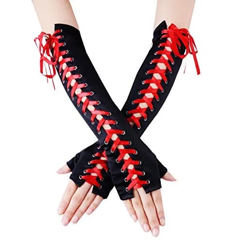 JISEN Womens Full Length Fingerless Lace Up Arm Warmer Satin Gloves Red | Chic Punkie Goth Style thumbnail 1