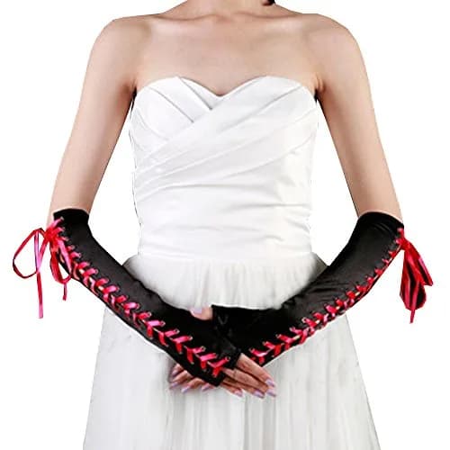 JISEN Womens Full Length Fingerless Lace Up Arm Warmer Satin Gloves Red | Chic Punkie Goth Style thumbnail 3