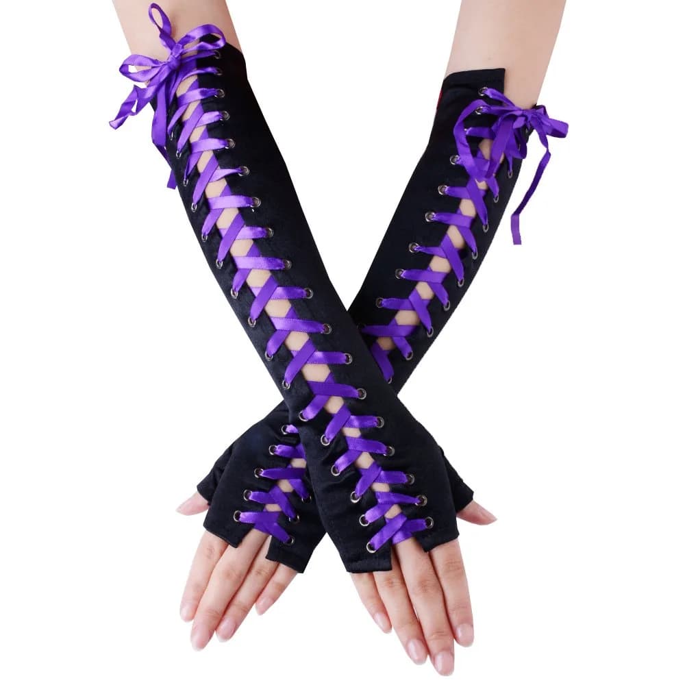 JISEN Womens Full Length Fingerless Lace Up Arm Warmer Satin Gloves Purple | Corset Style Punkie Goth Fashion — Satin Purple