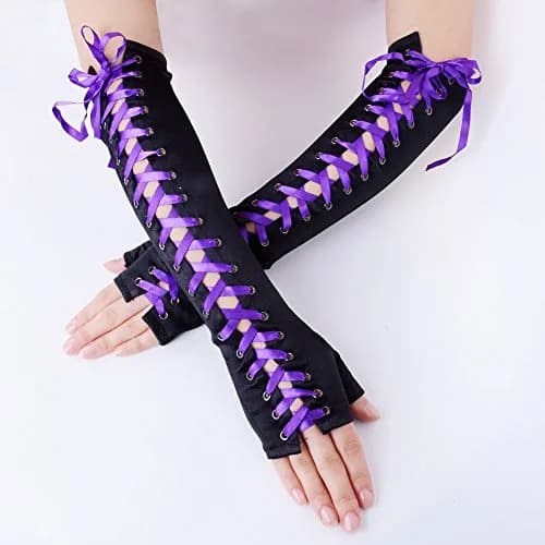 JISEN Womens Full Length Fingerless Lace Up Arm Warmer Satin Gloves Purple | Corset Style Punkie Goth Fashion thumbnail 2