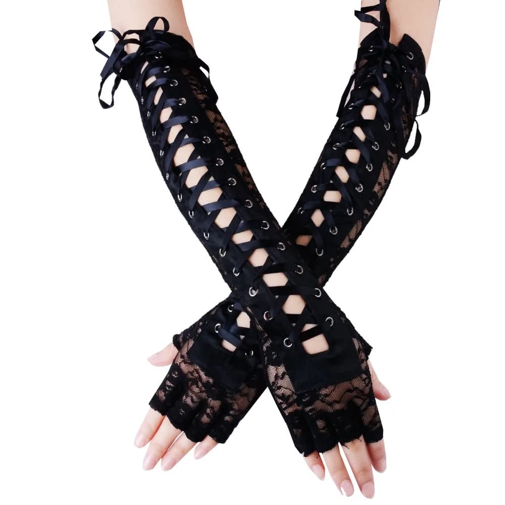 JISEN Women Nylon Elbow Lace-up Fashion Costume Gloves Black 35.56cm (14 inch) | Unique Corset Style Arm Warmers — Nylon Black