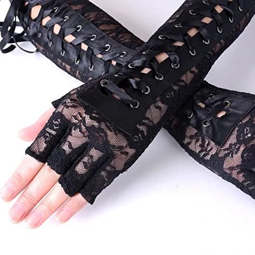 JISEN Women Nylon Elbow Lace-up Fashion Costume Gloves Black 35.56cm (14 inch) | Unique Corset Style Arm Warmers thumbnail 4