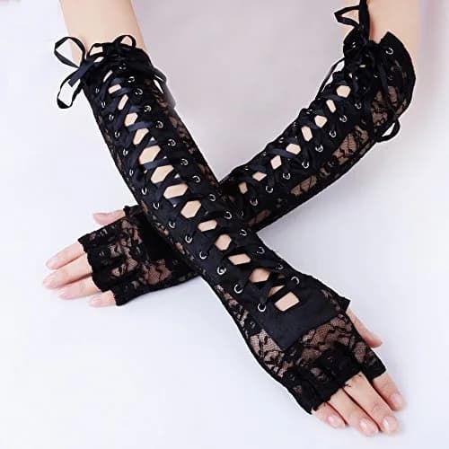 JISEN Women Nylon Elbow Lace-up Fashion Costume Gloves Black 35.56cm (14 inch) | Unique Corset Style Arm Warmers thumbnail 2