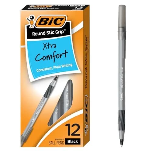 BIC Round Stic Grip Xtra Comfort Black Ballpoint Pens, Medium Point (1.2mm), 12-Count Pack | Smooth Ink Flow thumbnail 1